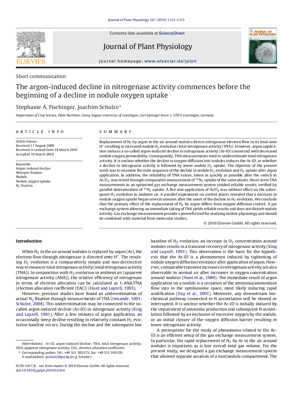 The argon-induced decline in nitrogenase activity commences before the beginning of a decline in nodule oxygen uptake