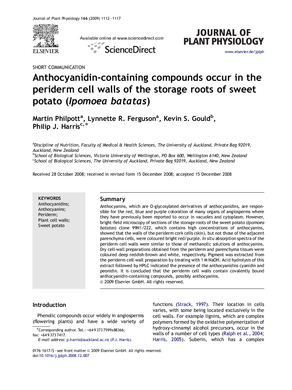 Anthocyanidin-containing compounds occur in the periderm cell walls of the storage roots of sweet potato (Ipomoea batatas)