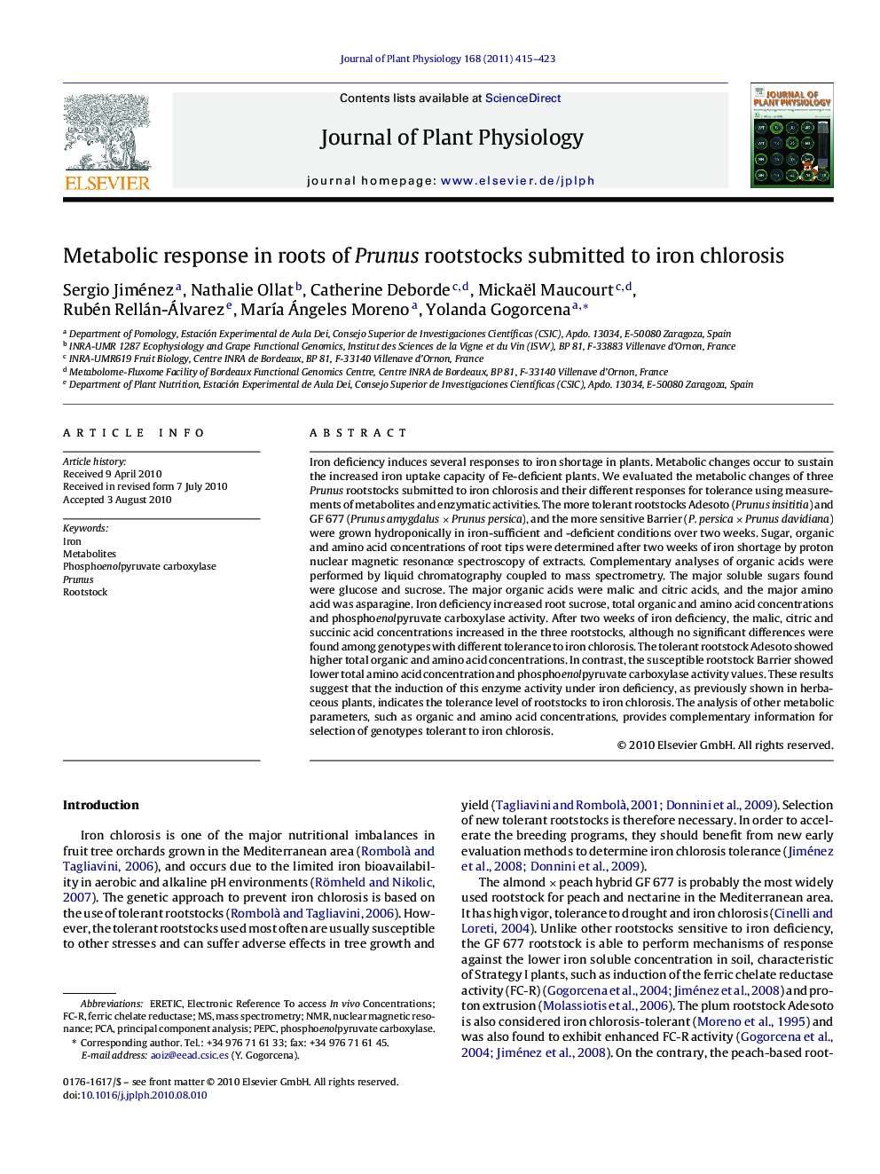 Metabolic response in roots of Prunus rootstocks submitted to iron chlorosis