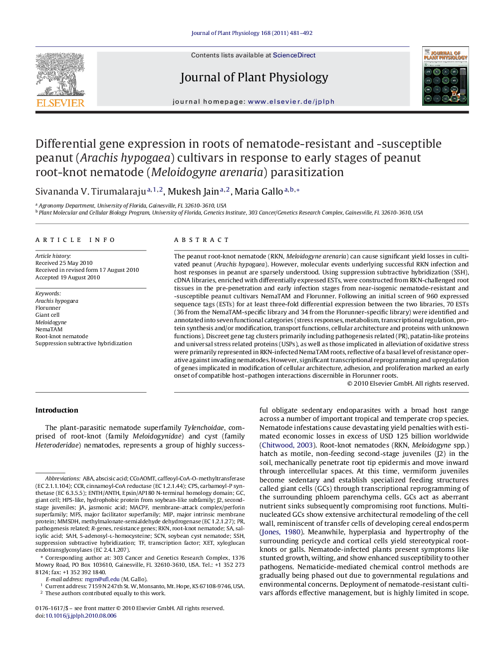 Differential gene expression in roots of nematode-resistant and -susceptible peanut (Arachis hypogaea) cultivars in response to early stages of peanut root-knot nematode (Meloidogyne arenaria) parasitization