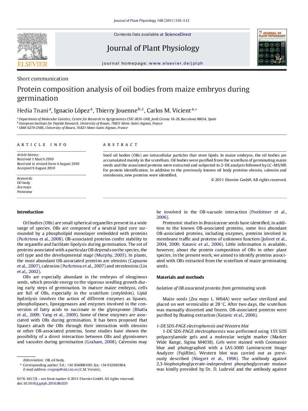 Protein composition analysis of oil bodies from maize embryos during germination