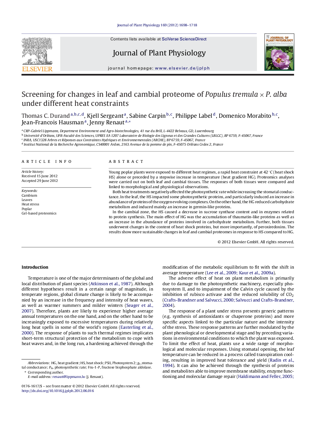 Screening for changes in leaf and cambial proteome of Populus tremula × P. alba under different heat constraints