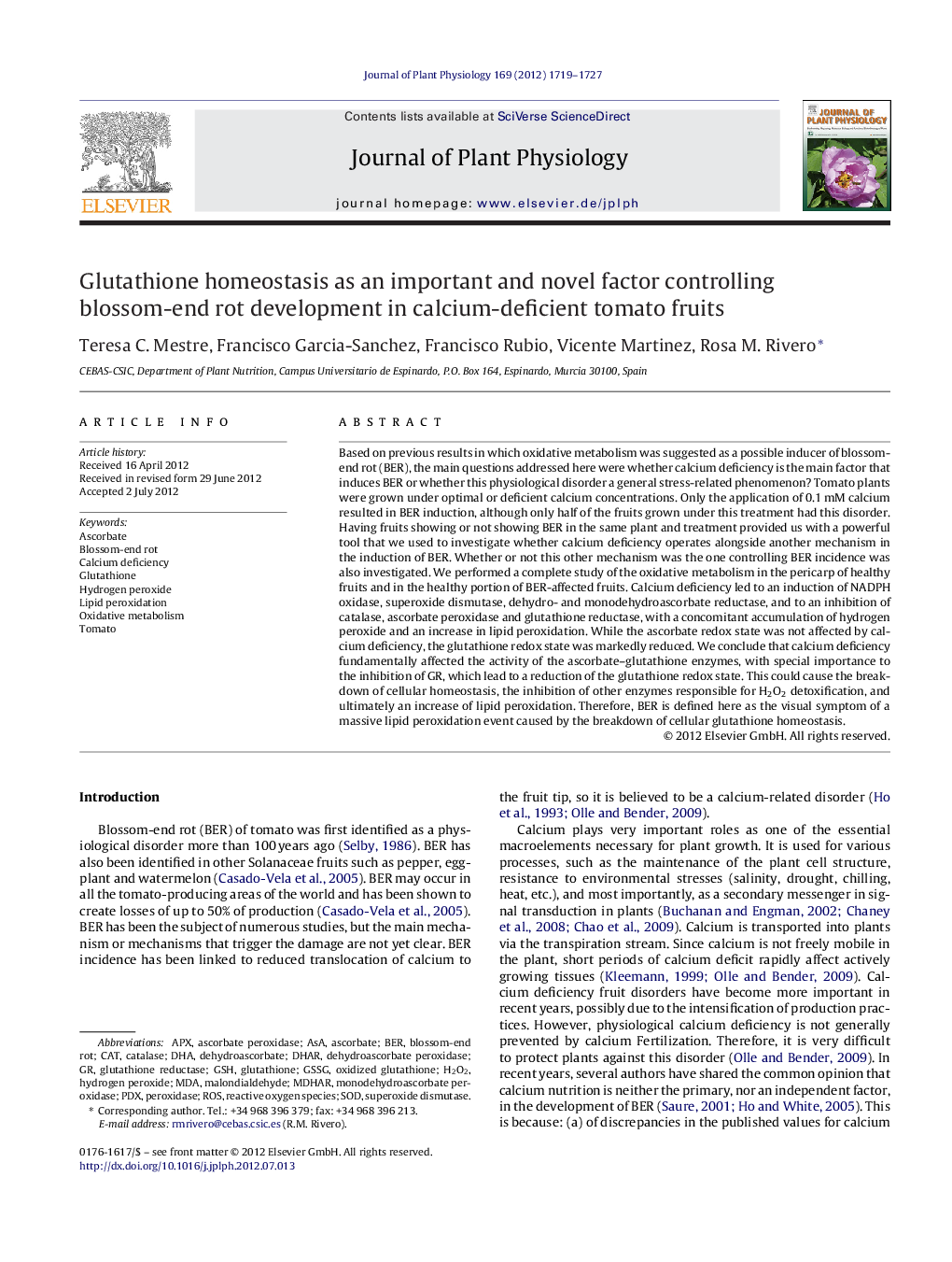 Glutathione homeostasis as an important and novel factor controlling blossom-end rot development in calcium-deficient tomato fruits