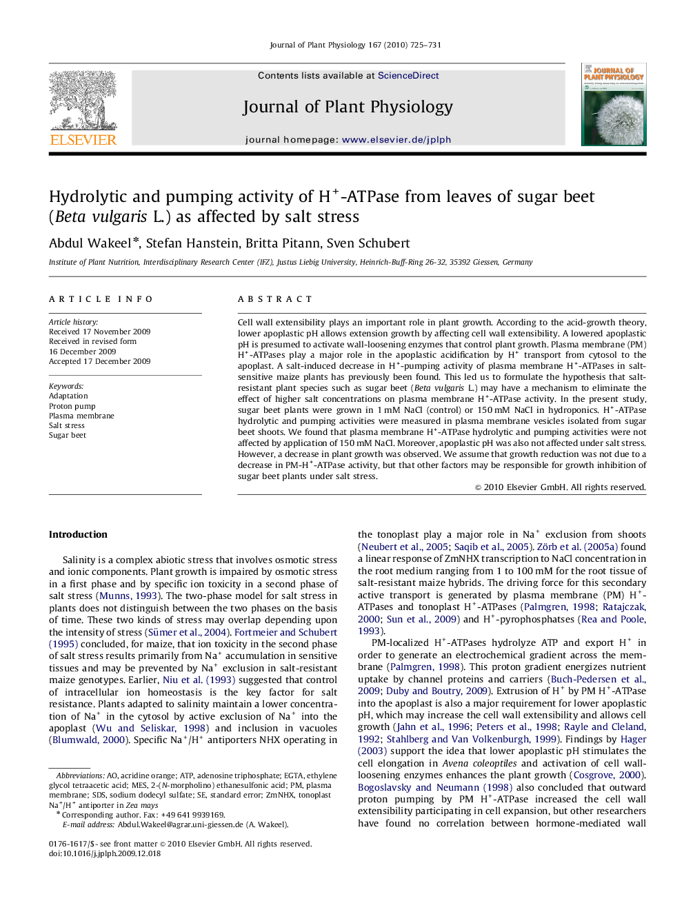 Hydrolytic and pumping activity of H+-ATPase from leaves of sugar beet (Beta vulgaris L.) as affected by salt stress