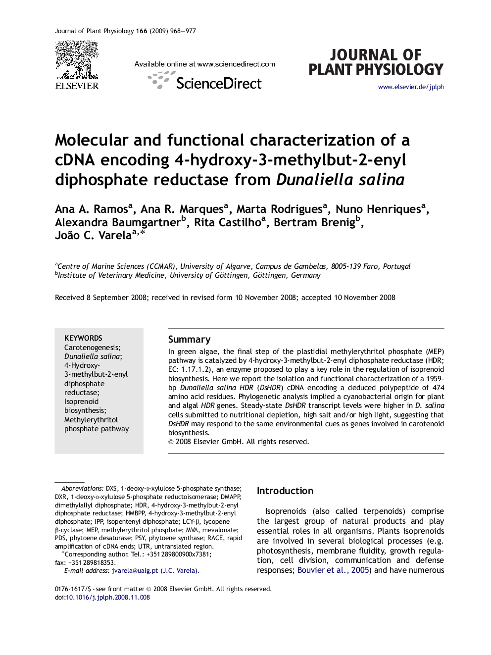 Molecular and functional characterization of a cDNA encoding 4-hydroxy-3-methylbut-2-enyl diphosphate reductase from Dunaliella salina