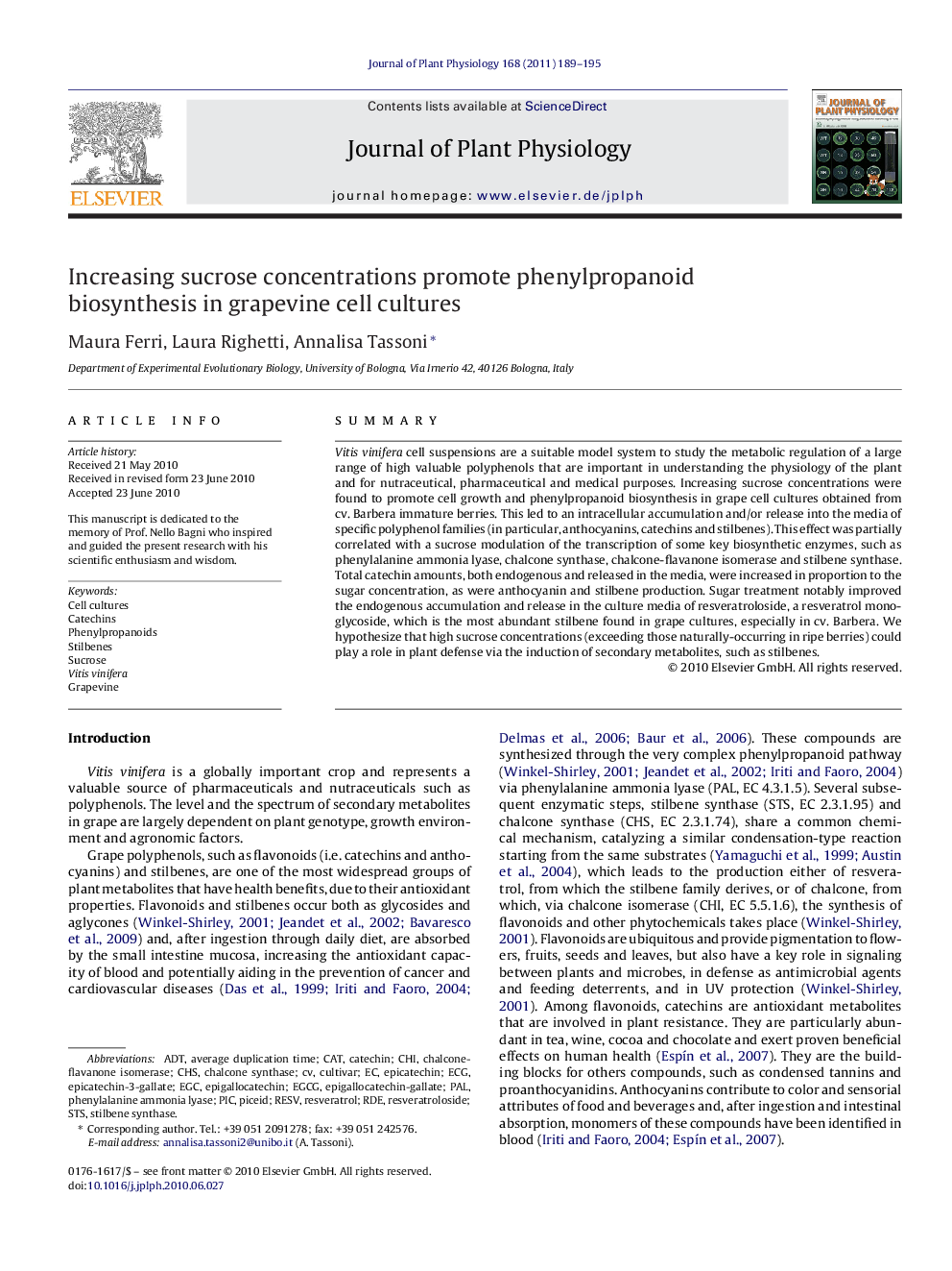 Increasing sucrose concentrations promote phenylpropanoid biosynthesis in grapevine cell cultures