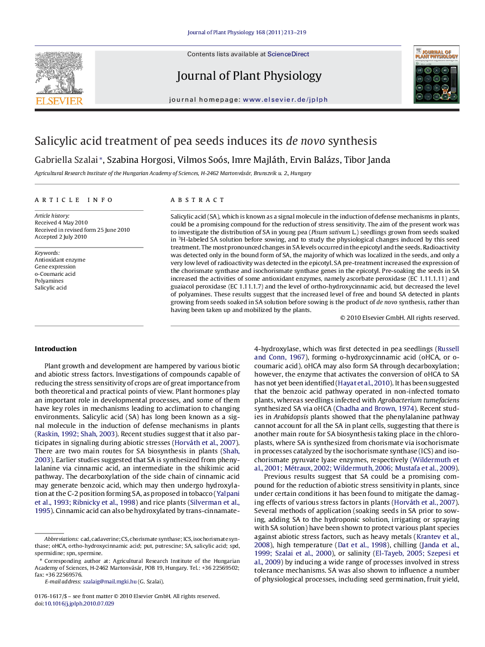 Salicylic acid treatment of pea seeds induces its de novo synthesis