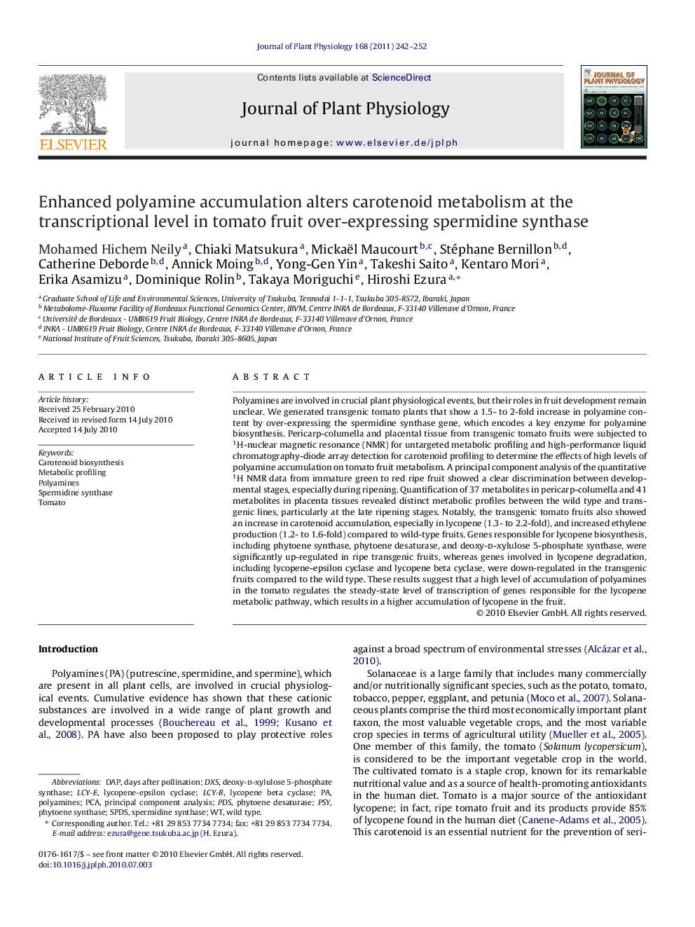 Enhanced polyamine accumulation alters carotenoid metabolism at the transcriptional level in tomato fruit over-expressing spermidine synthase