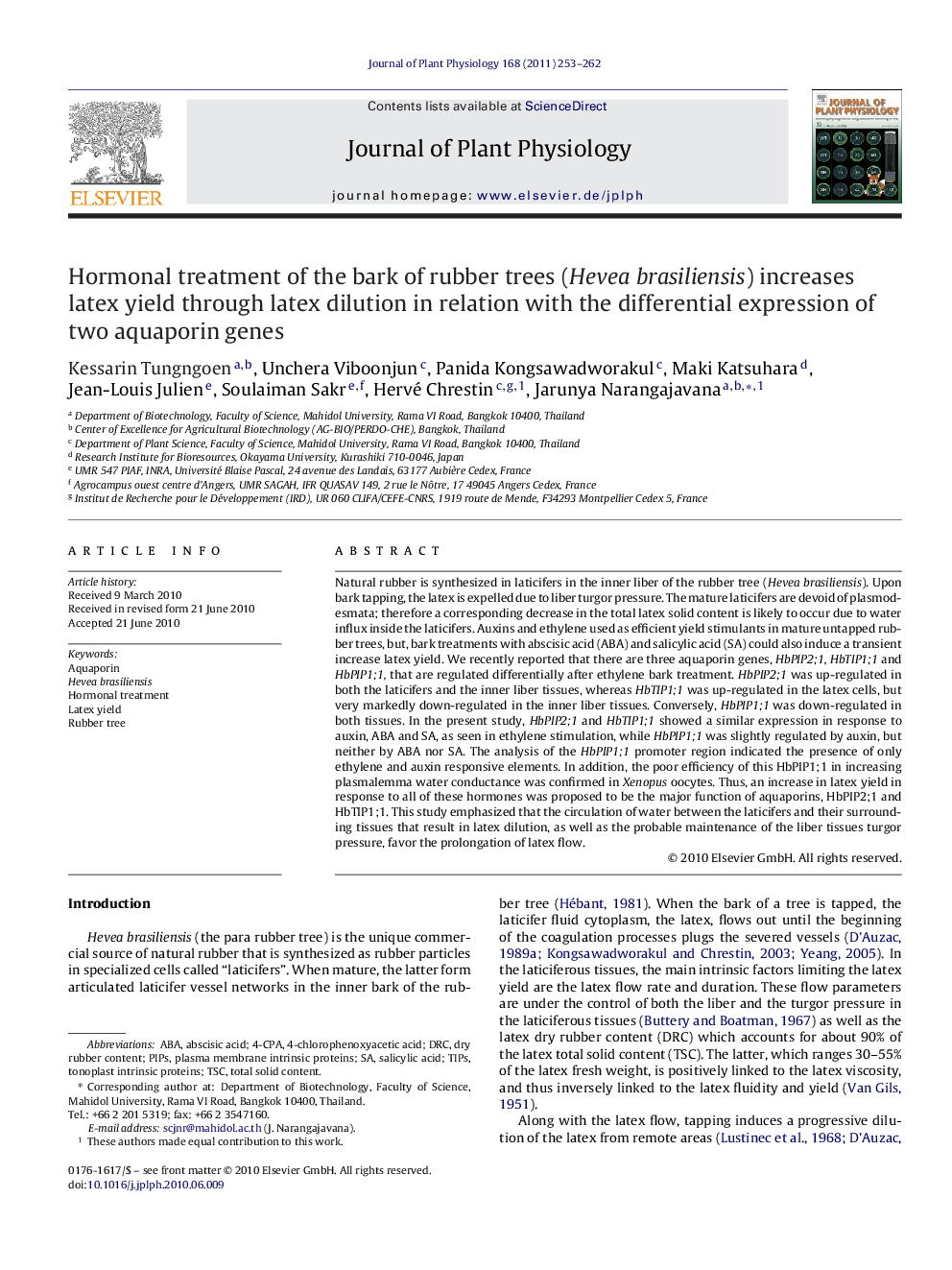 Hormonal treatment of the bark of rubber trees (Hevea brasiliensis) increases latex yield through latex dilution in relation with the differential expression of two aquaporin genes