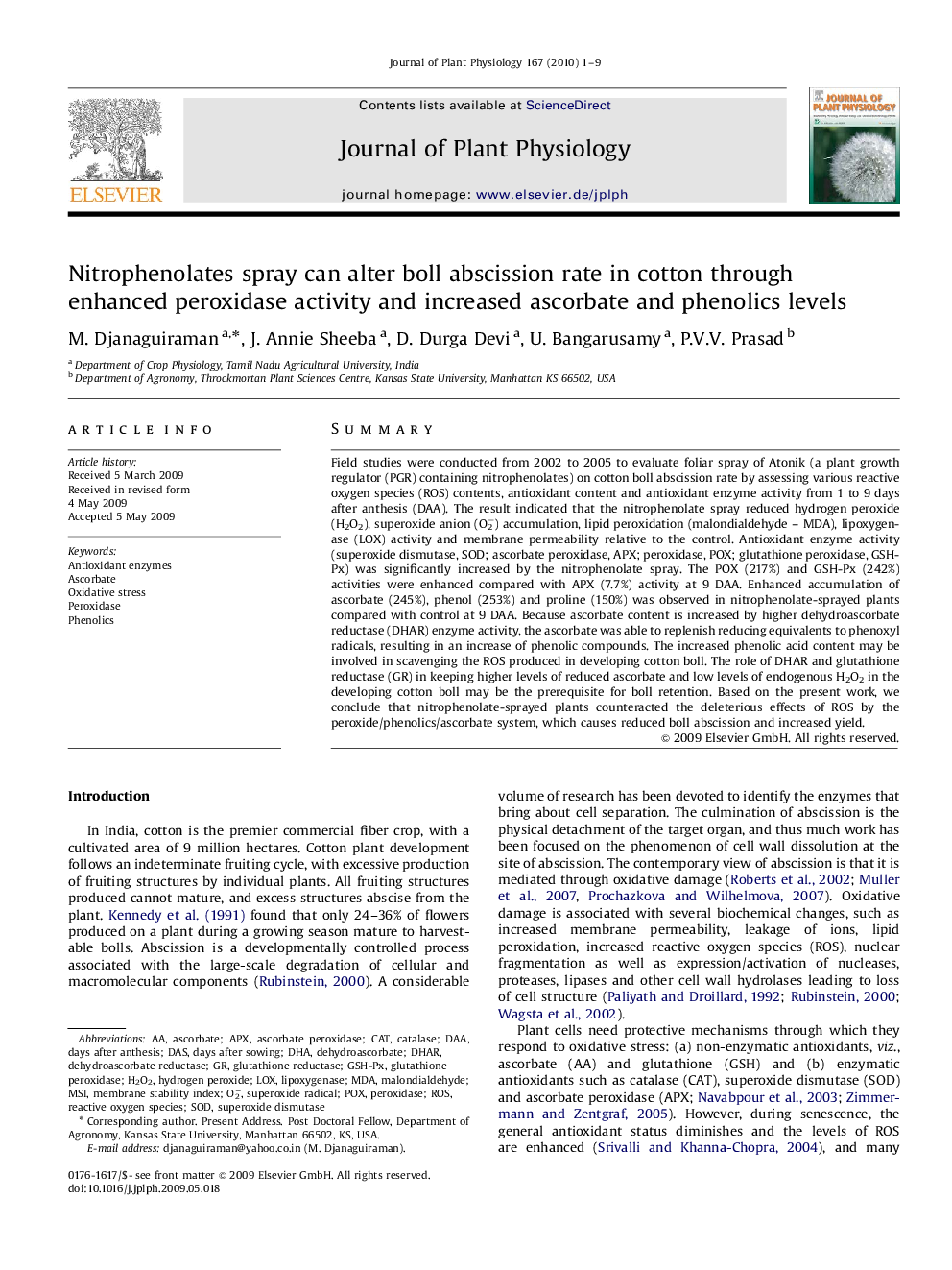 Nitrophenolates spray can alter boll abscission rate in cotton through enhanced peroxidase activity and increased ascorbate and phenolics levels