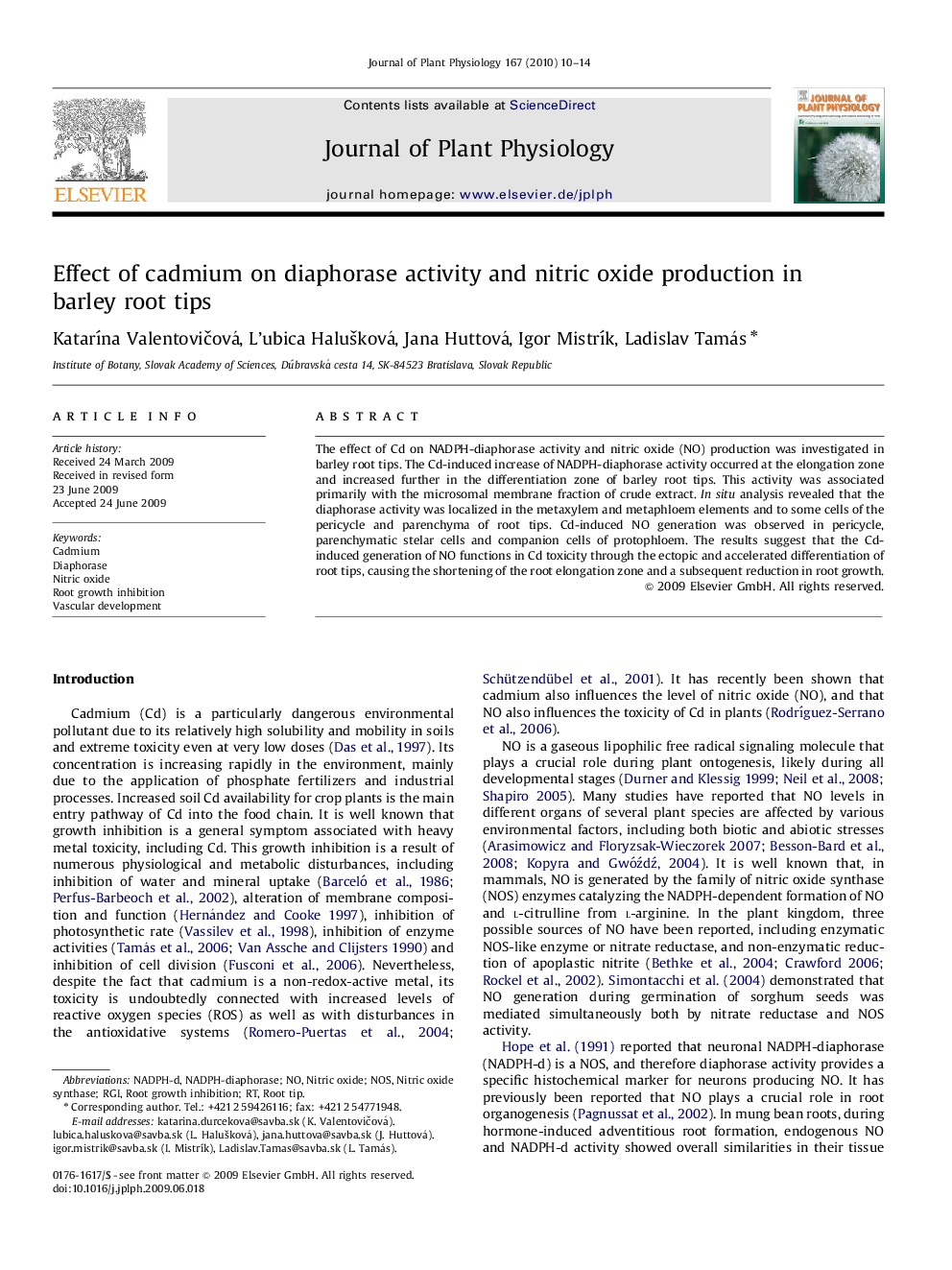 Effect of cadmium on diaphorase activity and nitric oxide production in barley root tips