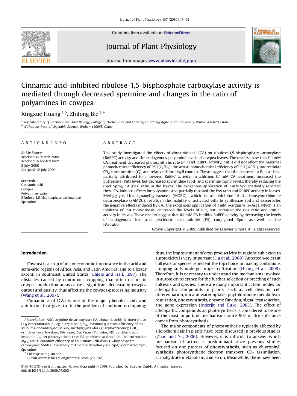 Cinnamic acid-inhibited ribulose-1,5-bisphosphate carboxylase activity is mediated through decreased spermine and changes in the ratio of polyamines in cowpea