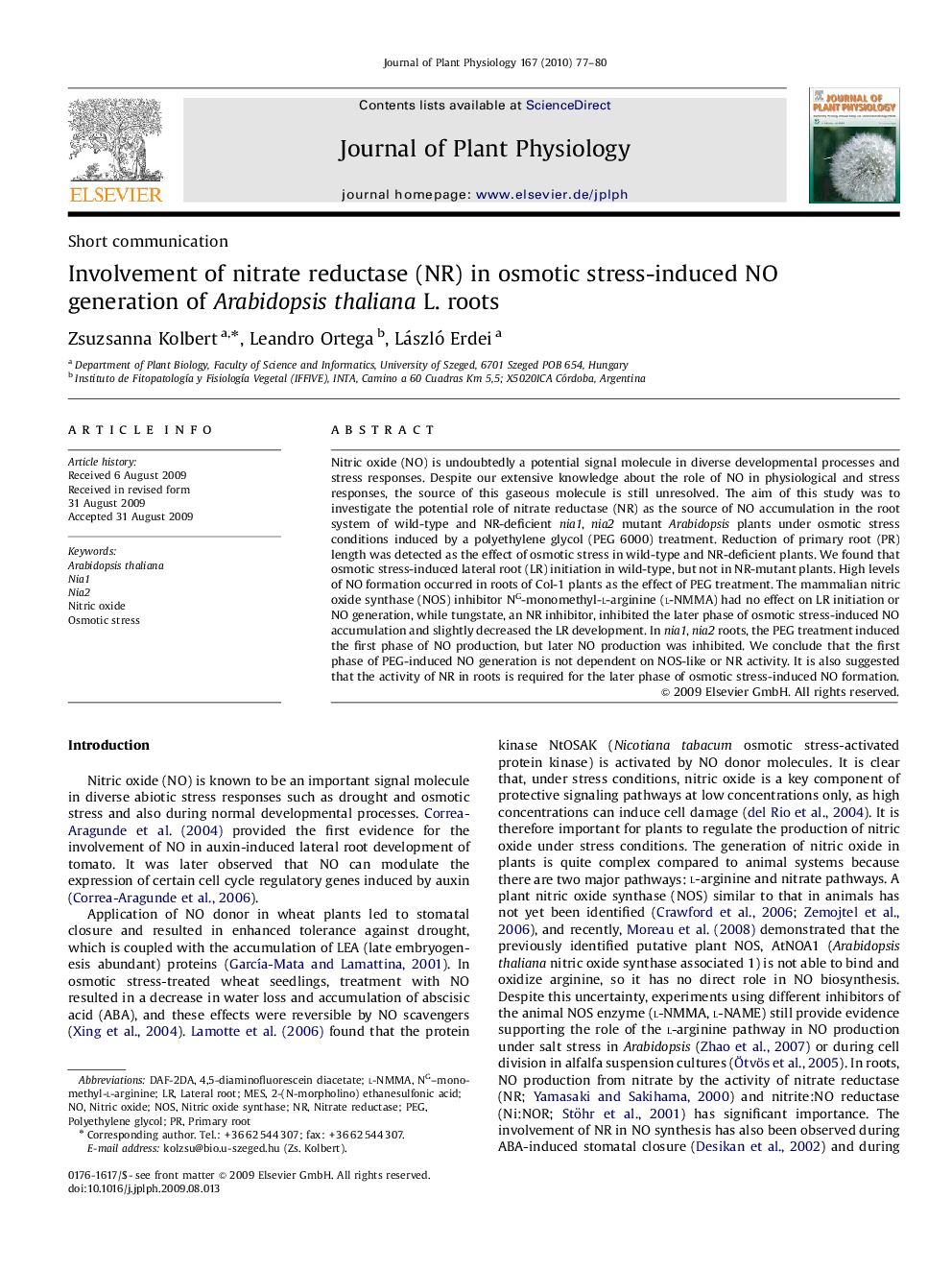 Involvement of nitrate reductase (NR) in osmotic stress-induced NO generation of Arabidopsis thaliana L. roots