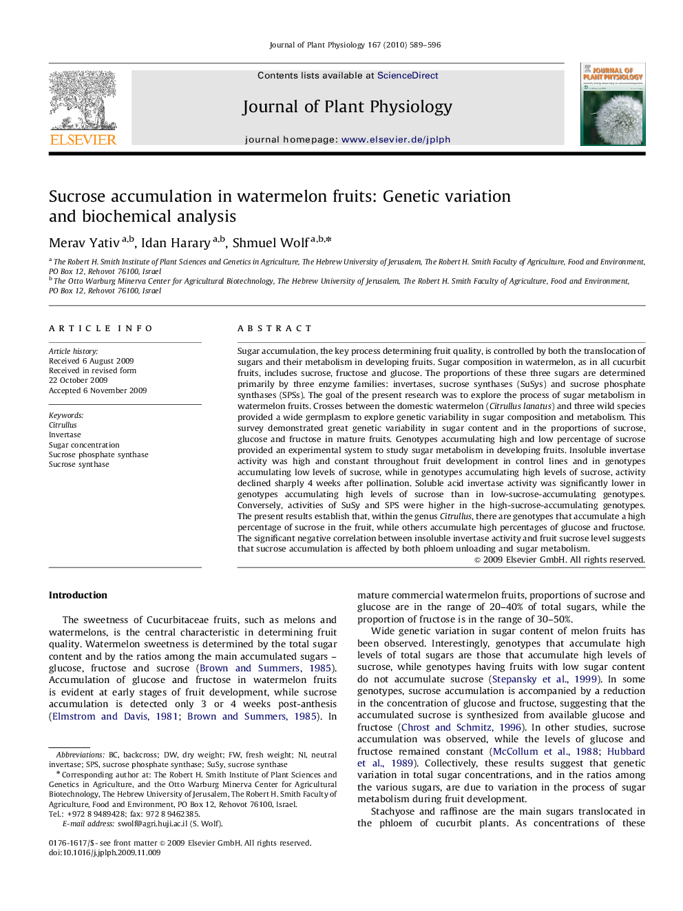 Sucrose accumulation in watermelon fruits: Genetic variation and biochemical analysis