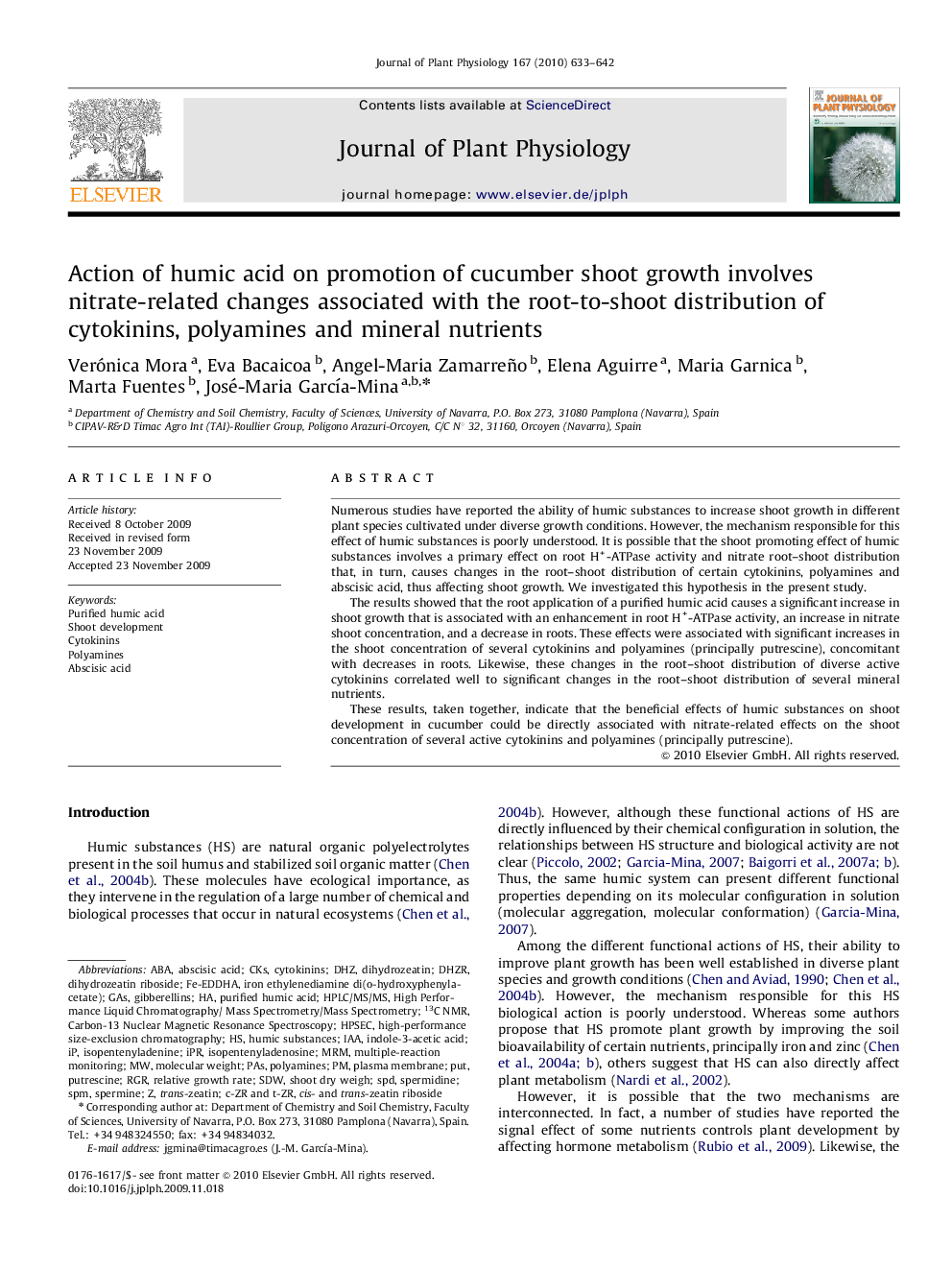 Action of humic acid on promotion of cucumber shoot growth involves nitrate-related changes associated with the root-to-shoot distribution of cytokinins, polyamines and mineral nutrients