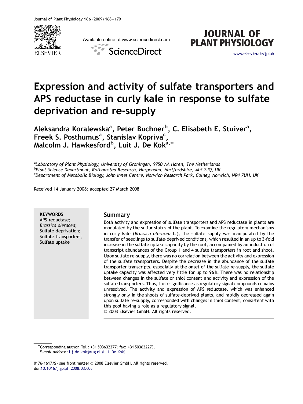 Expression and activity of sulfate transporters and APS reductase in curly kale in response to sulfate deprivation and re-supply