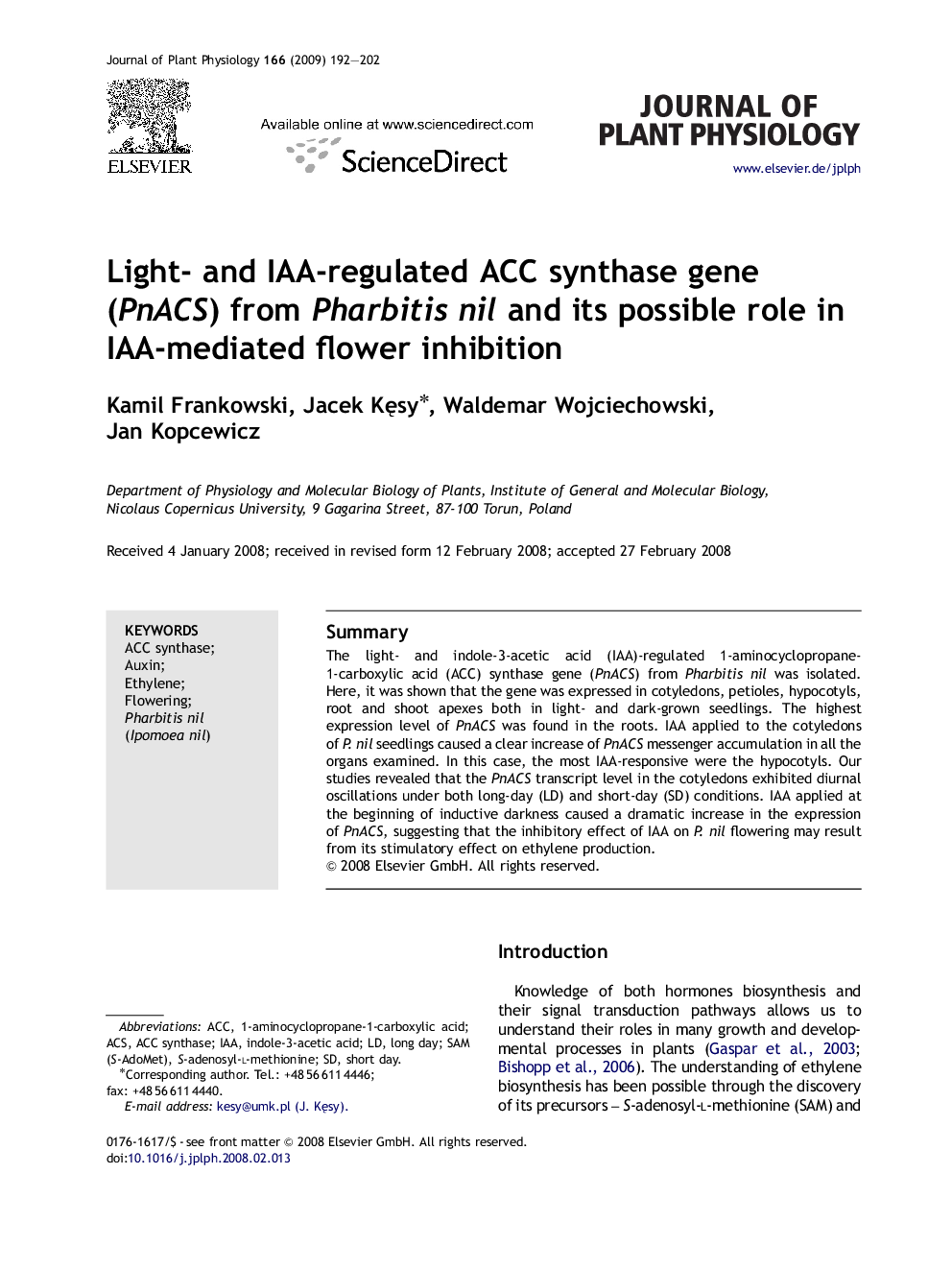 Light- and IAA-regulated ACC synthase gene (PnACS) from Pharbitis nil and its possible role in IAA-mediated flower inhibition