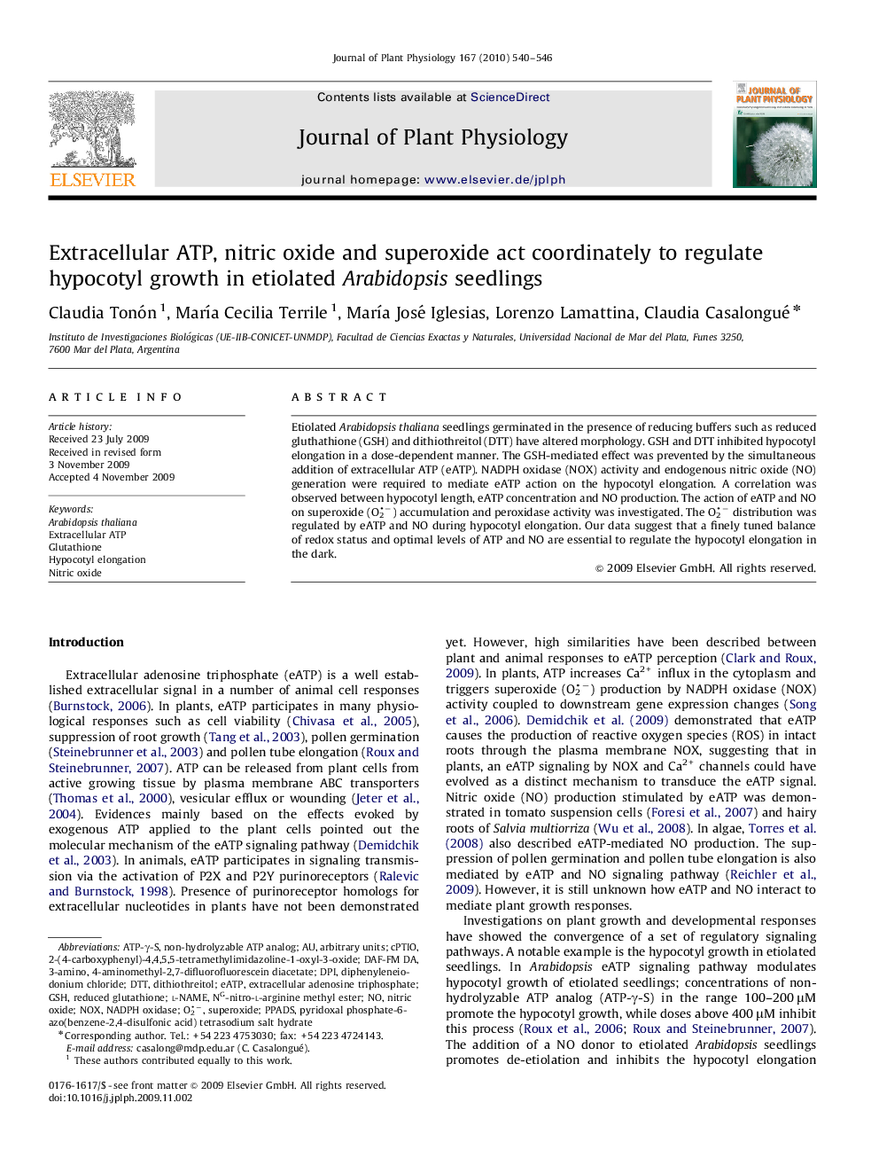 Extracellular ATP, nitric oxide and superoxide act coordinately to regulate hypocotyl growth in etiolated Arabidopsis seedlings