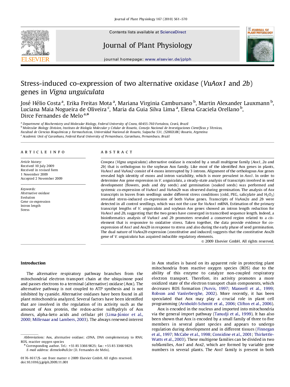 Stress-induced co-expression of two alternative oxidase (VuAox1 and 2b) genes in Vigna unguiculata