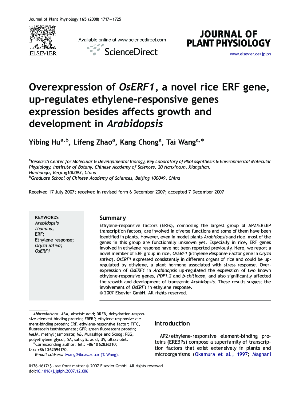 Overexpression of OsERF1, a novel rice ERF gene, up-regulates ethylene-responsive genes expression besides affects growth and development in Arabidopsis