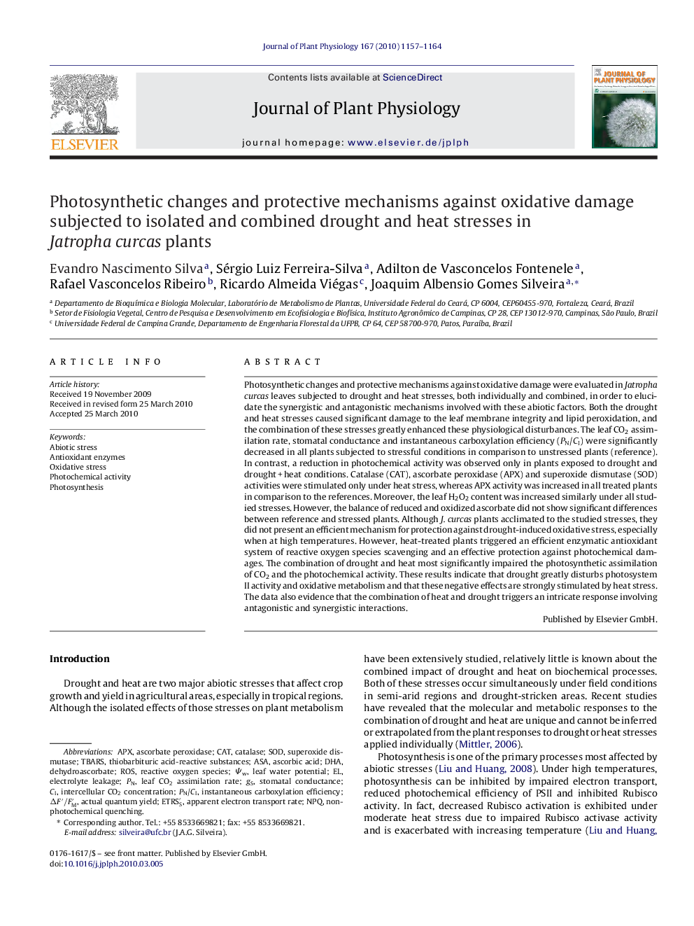 Photosynthetic changes and protective mechanisms against oxidative damage subjected to isolated and combined drought and heat stresses in Jatropha curcas plants