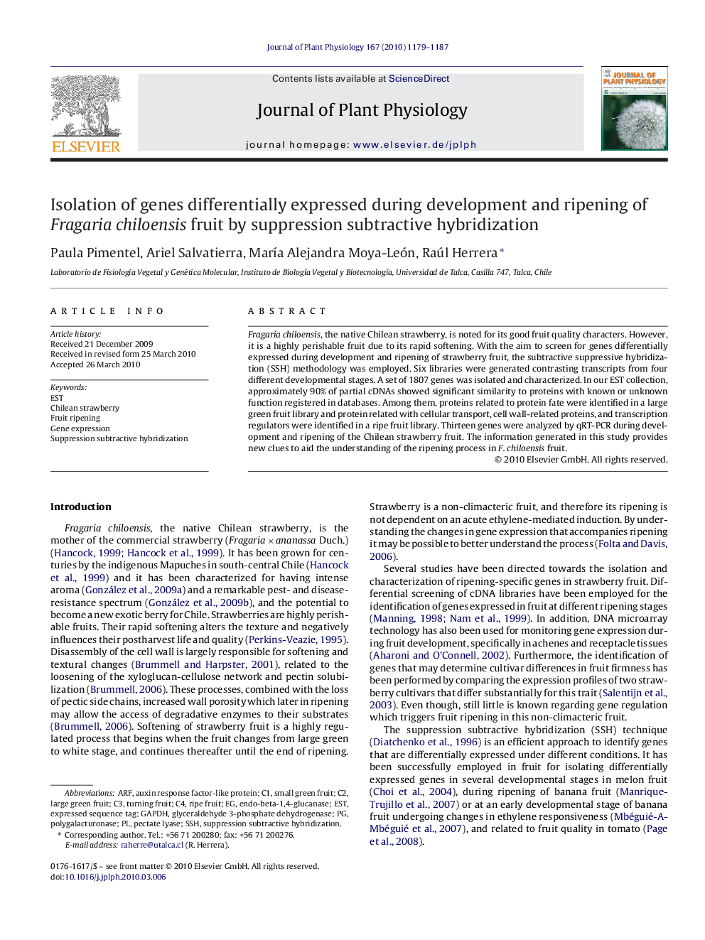 Isolation of genes differentially expressed during development and ripening of Fragaria chiloensis fruit by suppression subtractive hybridization