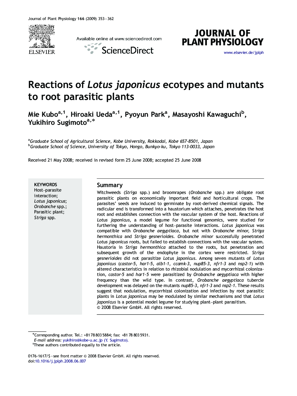 Reactions of Lotus japonicus ecotypes and mutants to root parasitic plants