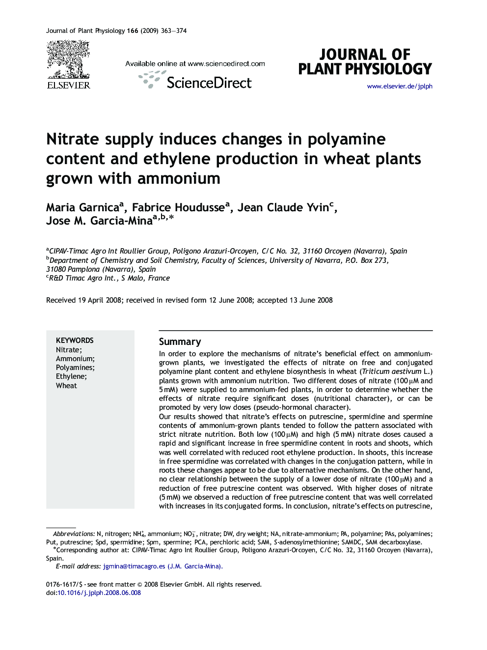 Nitrate supply induces changes in polyamine content and ethylene production in wheat plants grown with ammonium