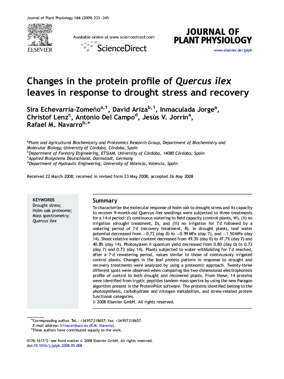 Changes in the protein profile of Quercus ilex leaves in response to drought stress and recovery