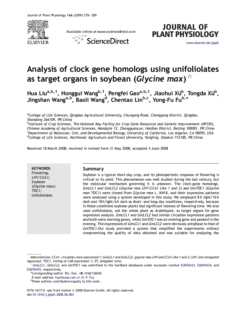 Analysis of clock gene homologs using unifoliolates as target organs in soybean (Glycine max) 