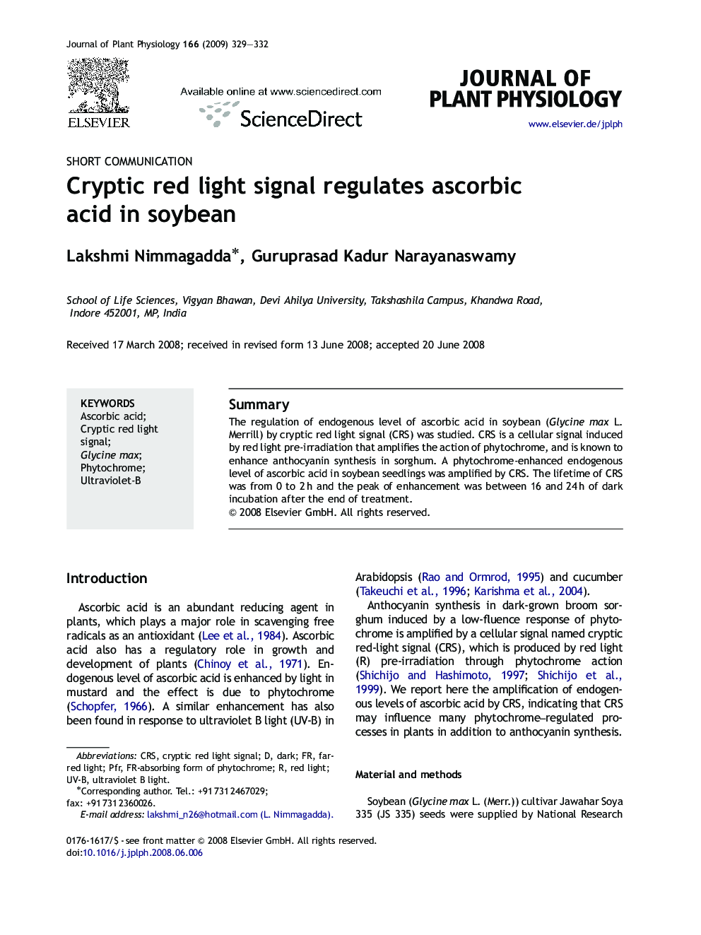 Cryptic red light signal regulates ascorbic acid in soybean