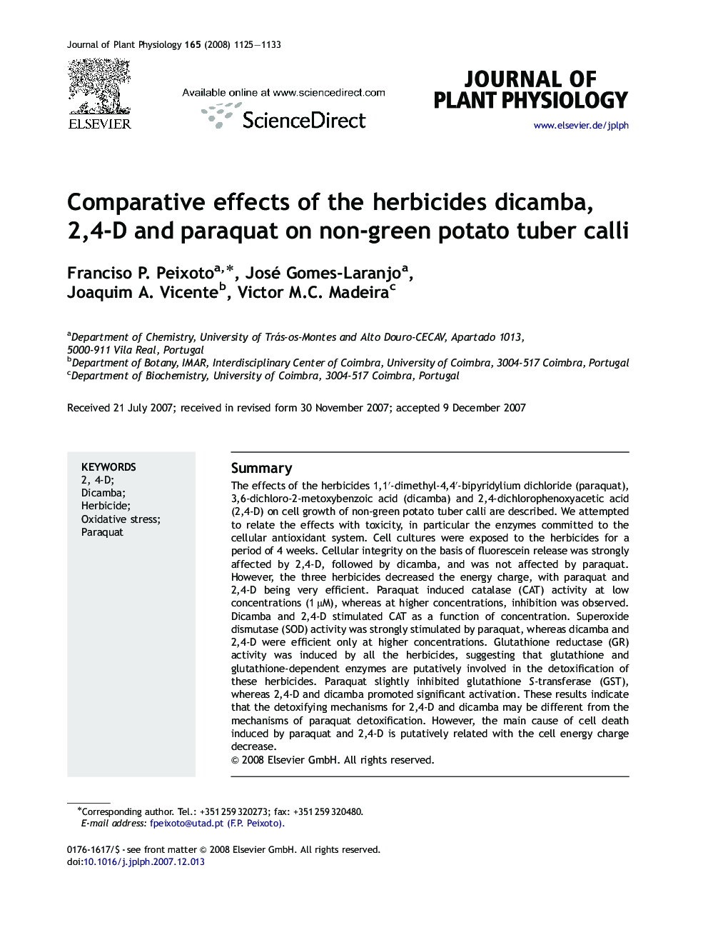 Comparative effects of the herbicides dicamba, 2,4-D and paraquat on non-green potato tuber calli