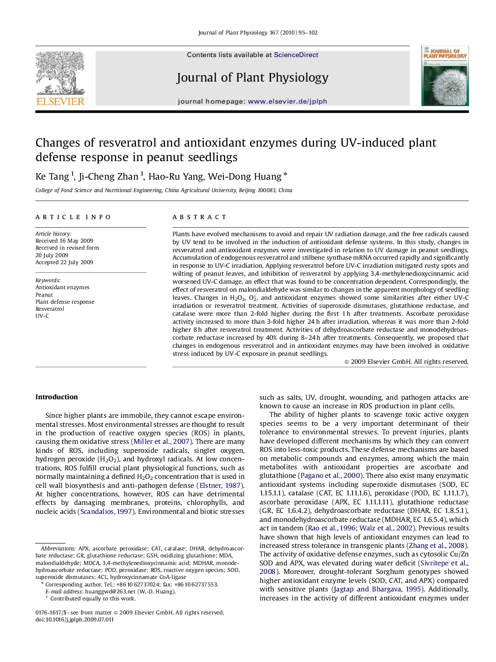 Changes of resveratrol and antioxidant enzymes during UV-induced plant defense response in peanut seedlings