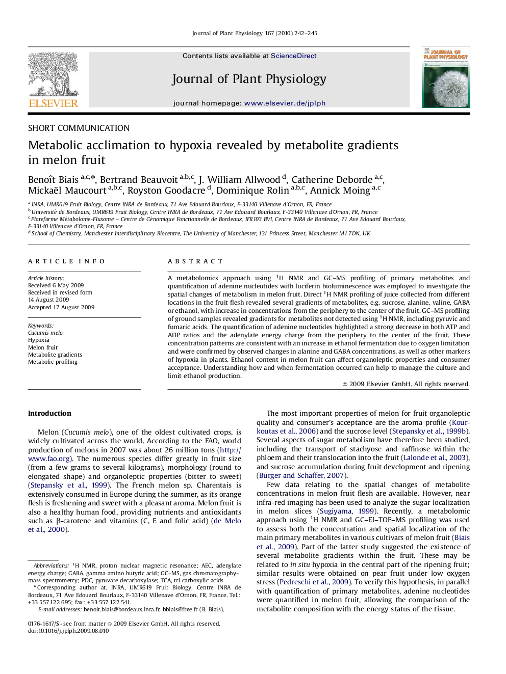 Metabolic acclimation to hypoxia revealed by metabolite gradients in melon fruit