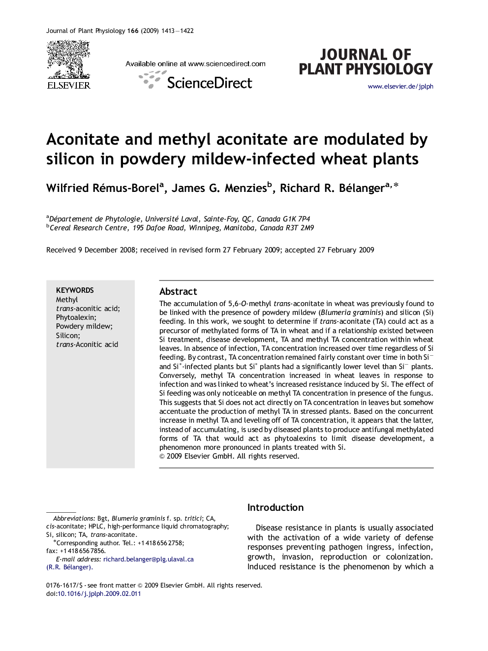 Aconitate and methyl aconitate are modulated by silicon in powdery mildew-infected wheat plants