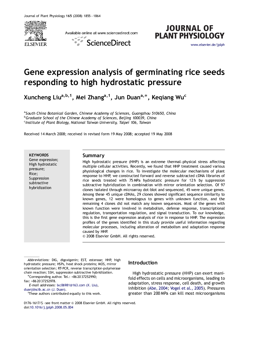 Gene expression analysis of germinating rice seeds responding to high hydrostatic pressure