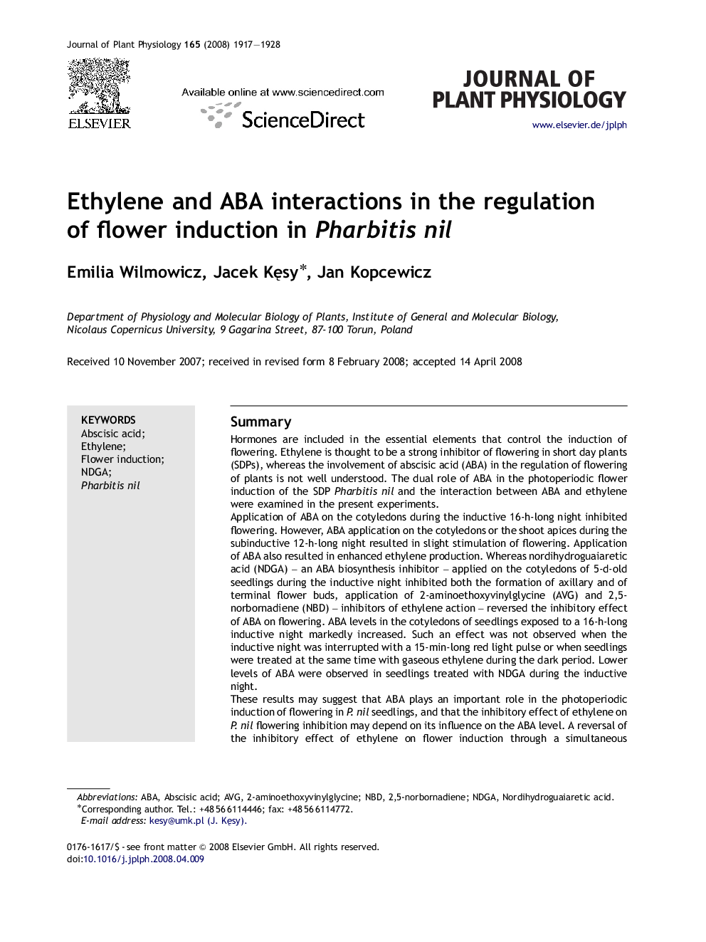 Ethylene and ABA interactions in the regulation of flower induction in Pharbitis nil