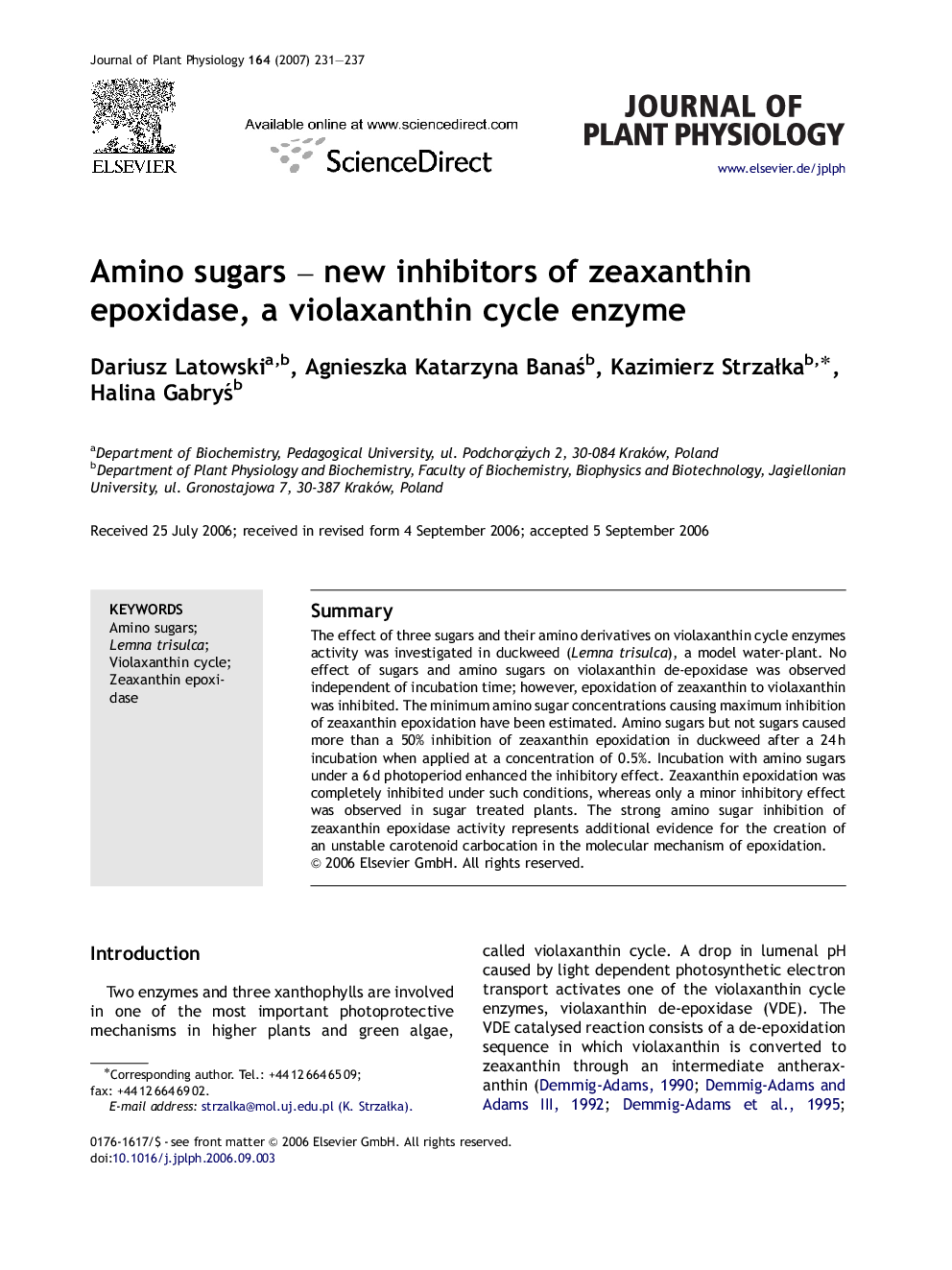 Amino sugars – new inhibitors of zeaxanthin epoxidase, a violaxanthin cycle enzyme