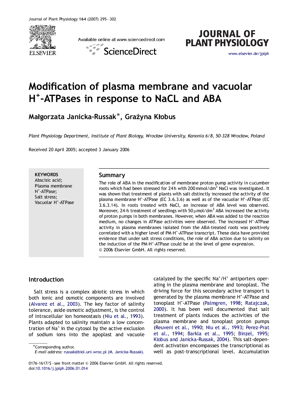 Modification of plasma membrane and vacuolar H+-ATPases in response to NaCL and ABA