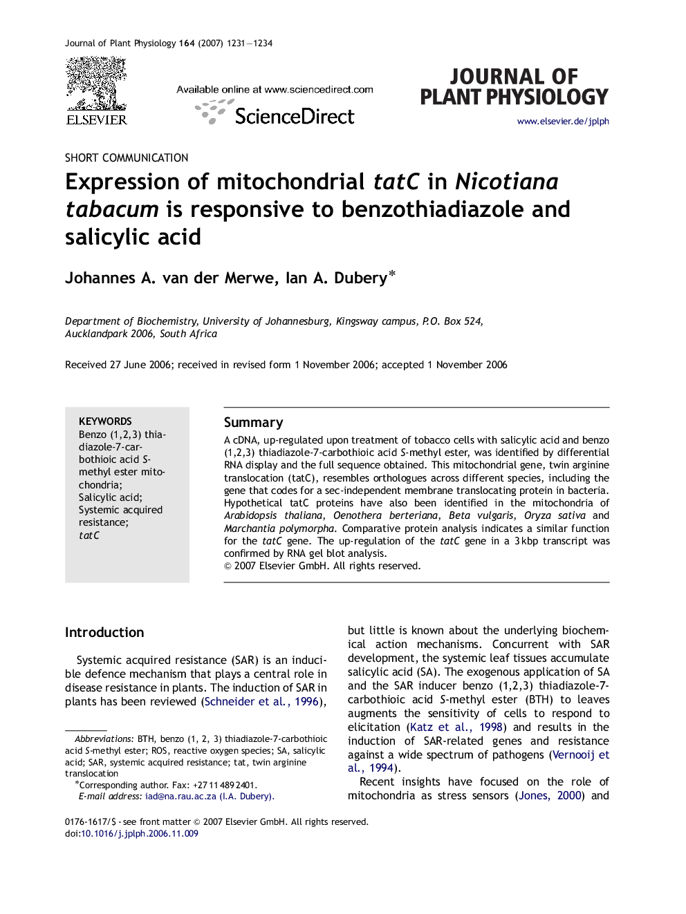 عکس صفحه اول مقاله: Expression of mitochondrial tatC in Nicotiana tabacum is responsive to benzothiadiazole and salicylic acid Expression of mitochondrial tatC in Nicotiana tabacum is responsive to benzothiadiazole and salicylic acid