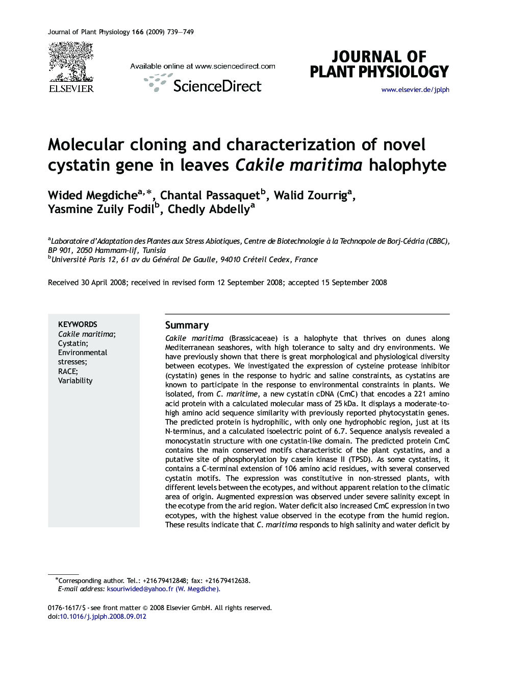 Molecular cloning and characterization of novel cystatin gene in leaves Cakile maritima halophyte