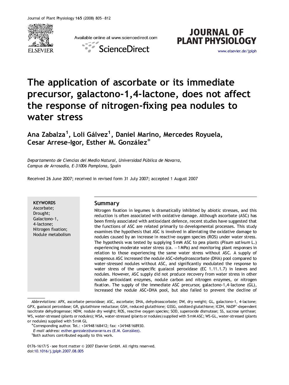 The application of ascorbate or its immediate precursor, galactono-1,4-lactone, does not affect the response of nitrogen-fixing pea nodules to water stress