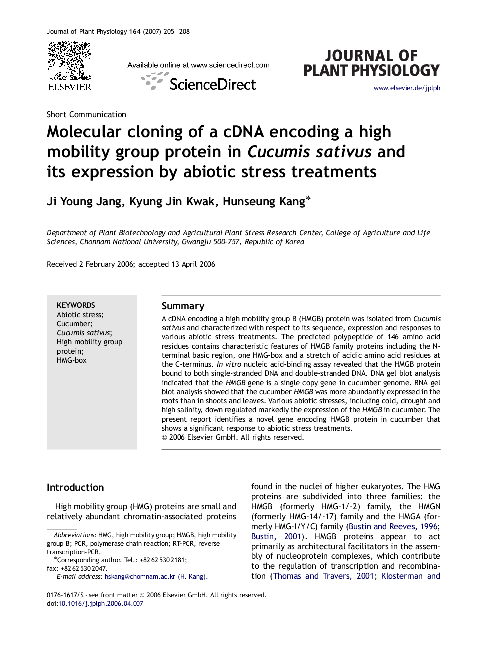 Molecular cloning of a cDNA encoding a high mobility group protein in Cucumis sativus and its expression by abiotic stress treatments