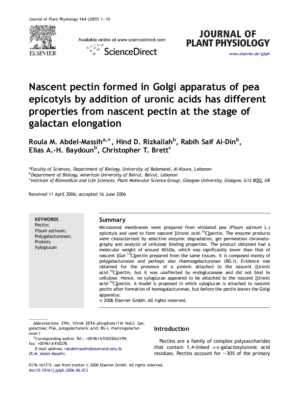 Nascent pectin formed in Golgi apparatus of pea epicotyls by addition of uronic acids has different properties from nascent pectin at the stage of galactan elongation