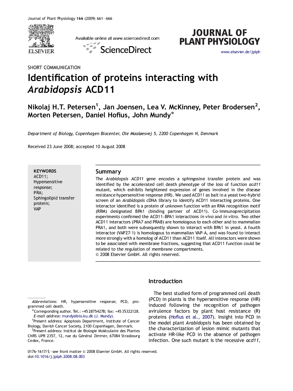 Identification of proteins interacting with Arabidopsis ACD11