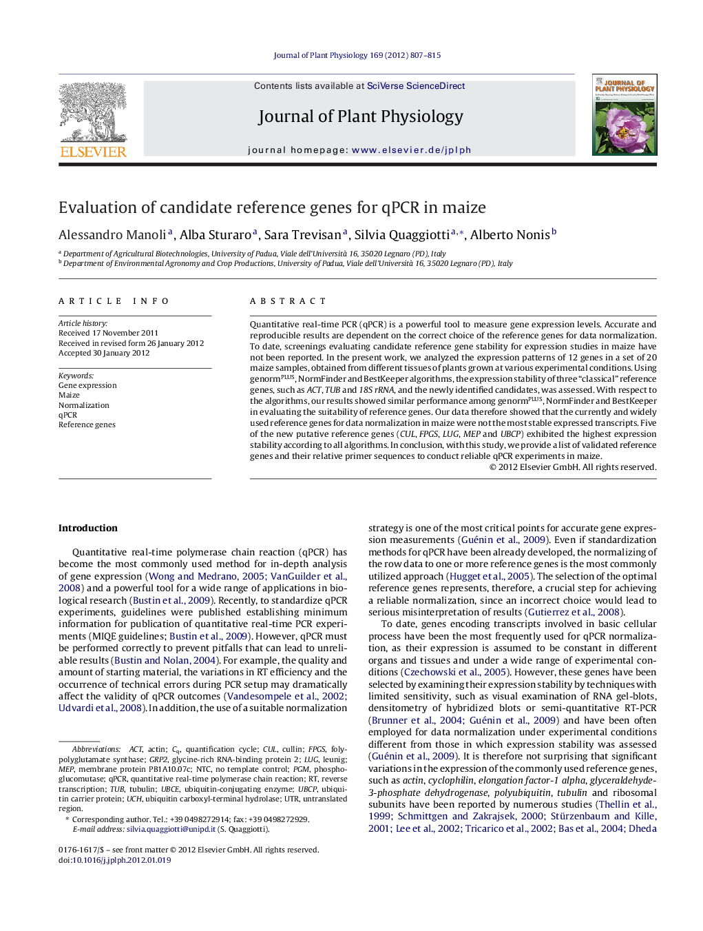 Evaluation of candidate reference genes for qPCR in maize