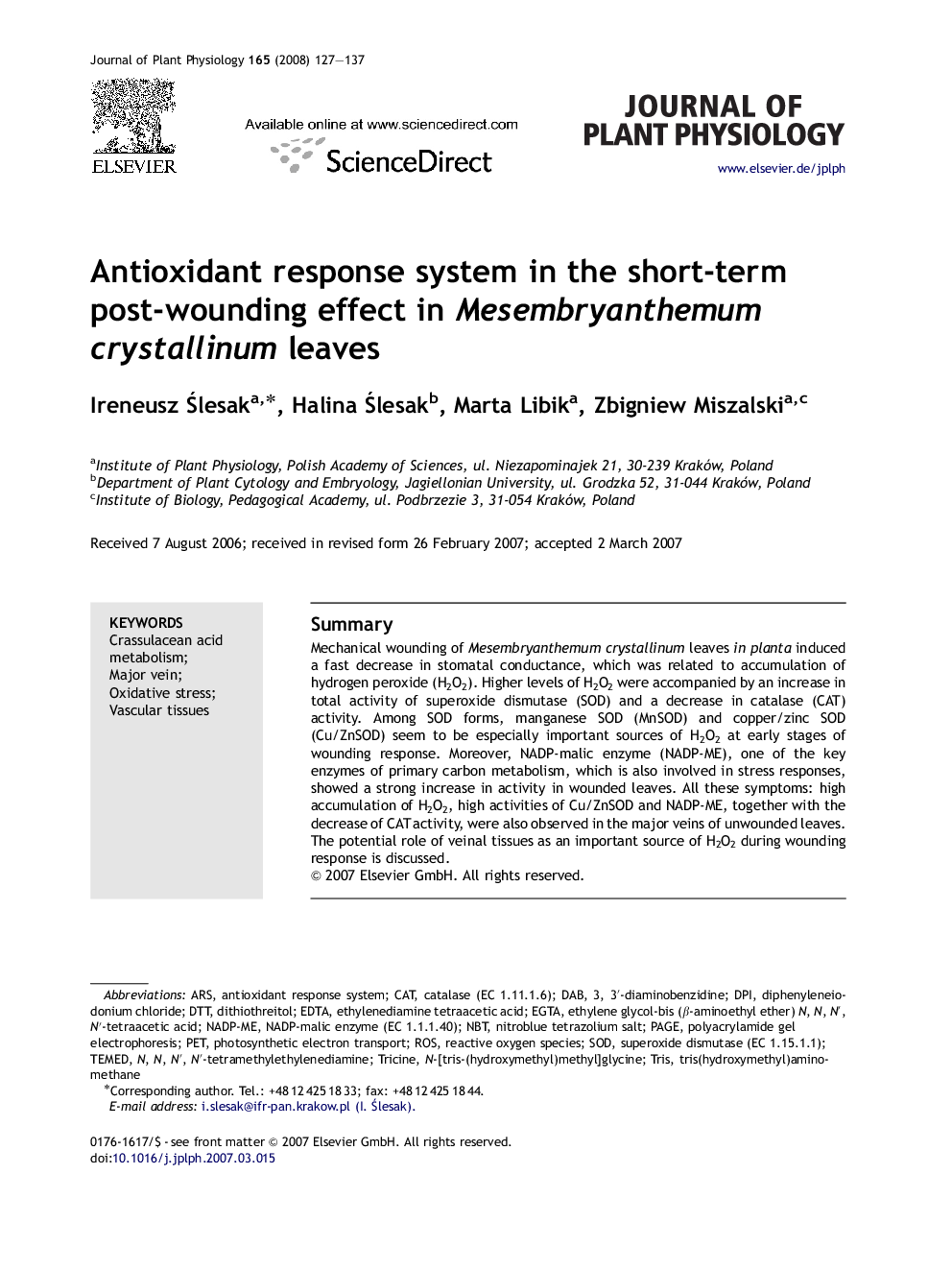 Antioxidant response system in the short-term post-wounding effect in Mesembryanthemum crystallinum leaves