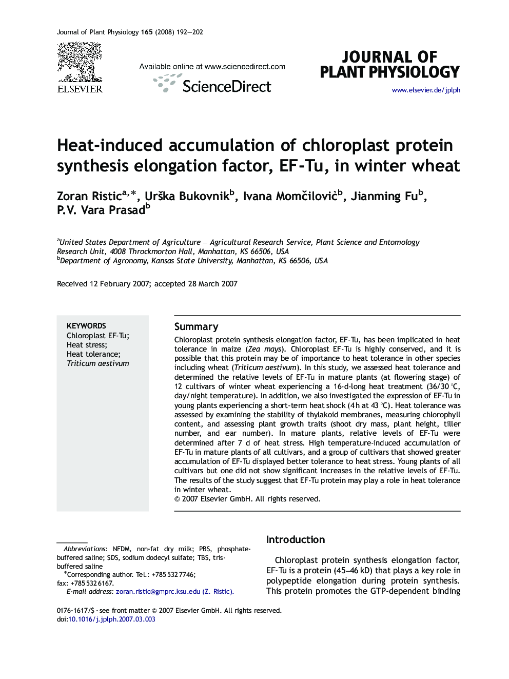 Heat-induced accumulation of chloroplast protein synthesis elongation factor, EF-Tu, in winter wheat