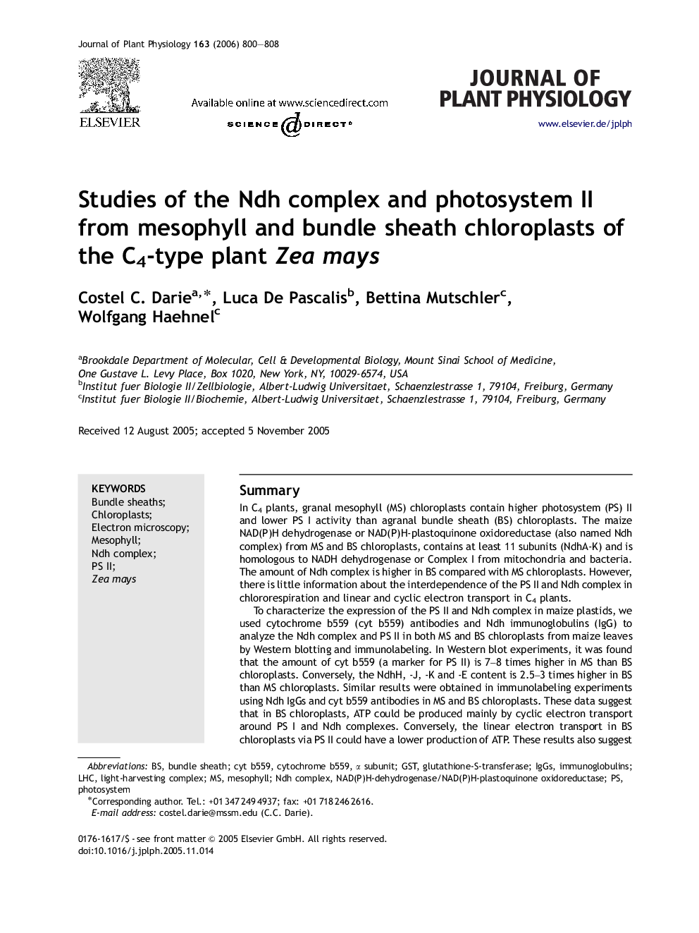 Studies of the Ndh complex and photosystem II from mesophyll and bundle sheath chloroplasts of the C4-type plant Zea mays