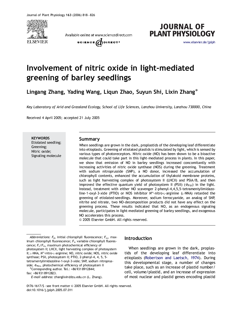 Involvement of nitric oxide in light-mediated greening of barley seedlings